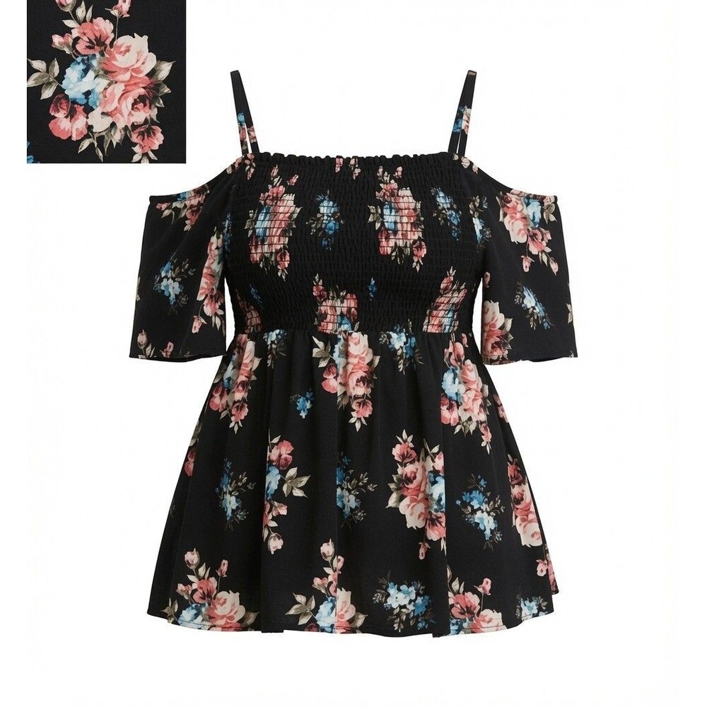 Torrid Cold Shoulder Floral Top Womens 4 4X Black Smocked Blouse Ruffle Sleeve